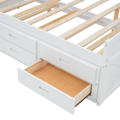 Wooden Platform Bed Outlets on Storage Headboard, Wood Slat Panel Bed Frame with 3 Storage Drawers & Pull-out Trundle Bed