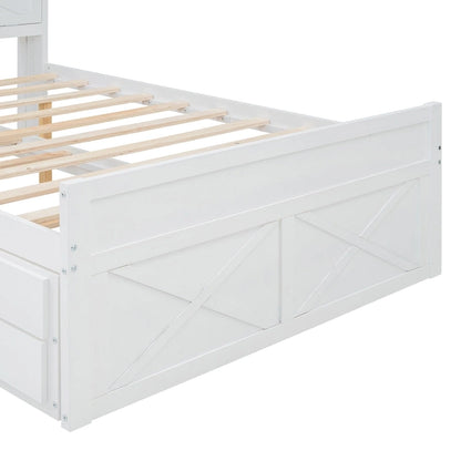 Wooden Platform Bed Outlets on Storage Headboard, Wood Slat Panel Bed Frame with 3 Storage Drawers & Pull-out Trundle Bed