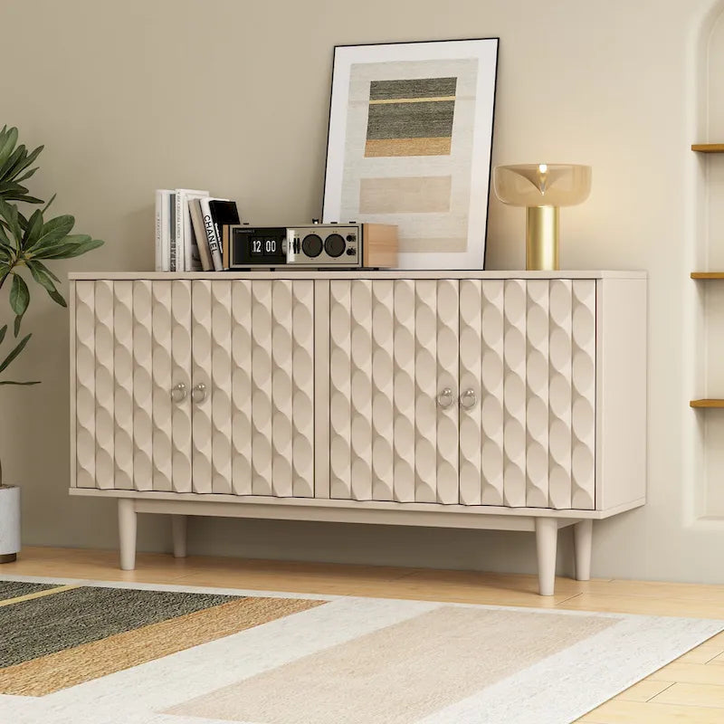 Modern 4-Door Sideboard with Convex Pattern Doors & 2 Silver Handle