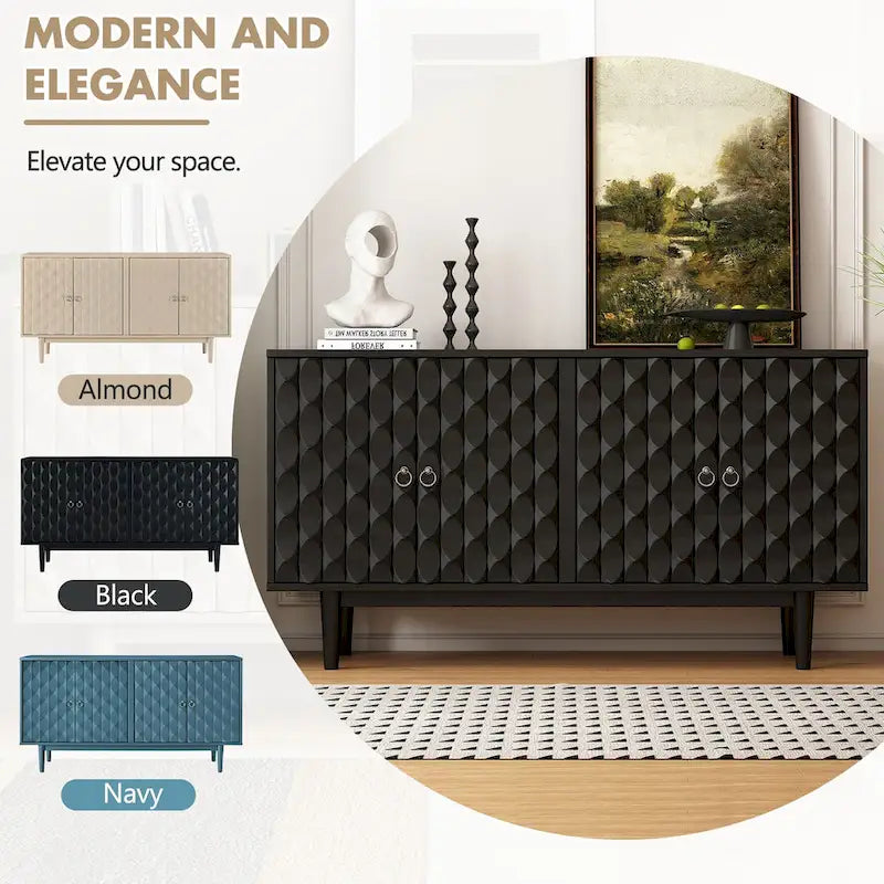 Modern 4-Door Sideboard with Convex Pattern Doors & 2 Silver Handle