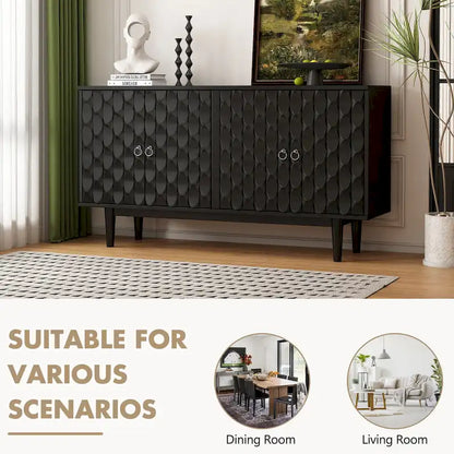 Modern 4-Door Sideboard with Convex Pattern Doors & 2 Silver Handle