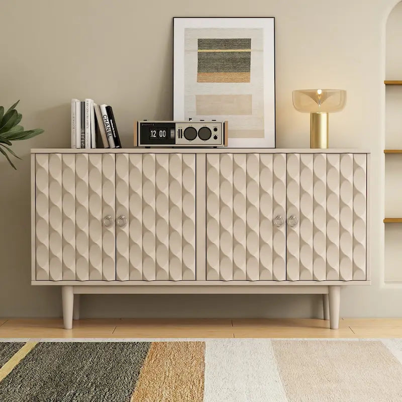 Modern 4-Door Sideboard with Convex Pattern Doors & 2 Silver Handle