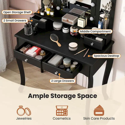 Costway Makeup Vanity Set with Tri-Fold Mirror & LED Lights 4 Drawers - See Details