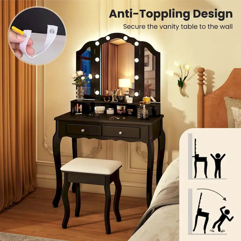 Costway Makeup Vanity Set with Tri-Fold Mirror & LED Lights 4 Drawers - See Details