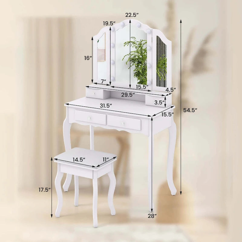 Costway Makeup Vanity Set with Tri-Fold Mirror & LED Lights 4 Drawers - See Details