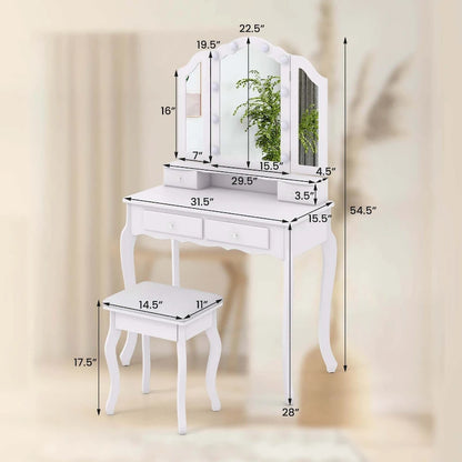 Costway Makeup Vanity Set with Tri-Fold Mirror & LED Lights 4 Drawers - See Details