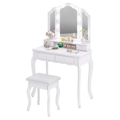 Costway Makeup Vanity Set with Tri-Fold Mirror & LED Lights 4 Drawers - See Details