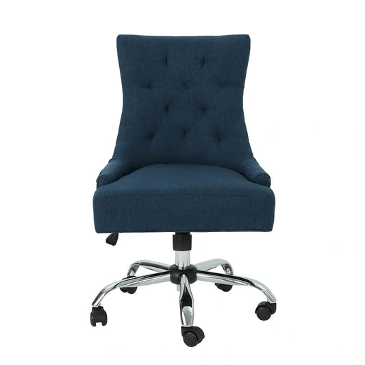 Ovi Swivel Office Chair, Navy Blue Fabric, Tufted Back, Rolling Wheels