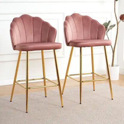 Velvet Shell Bar Stools Set of 2, Counter Height Chairs with Metal Legs, Upholstered Kitchen Island Chairs with Footres
