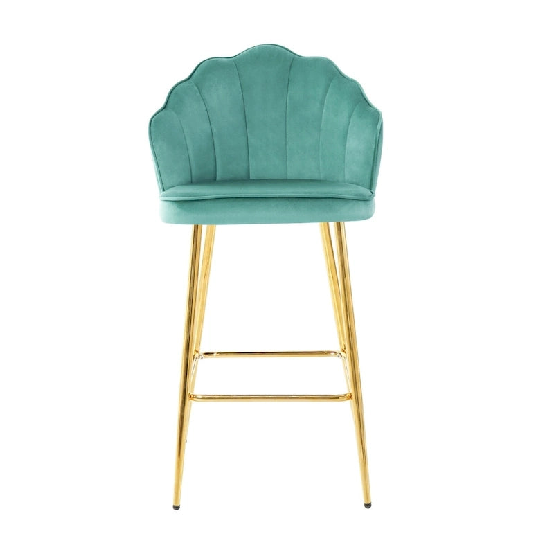 Velvet Shell Bar Stools Set of 2, Counter Height Chairs with Metal Legs, Upholstered Kitchen Island Chairs with Footres