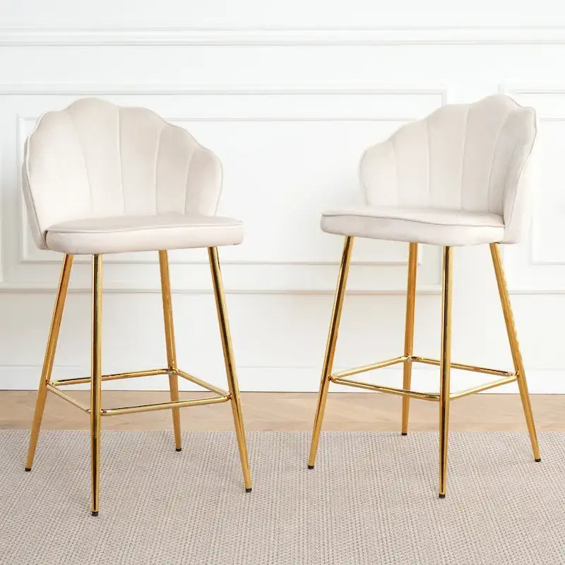Velvet Shell Bar Stools Set of 2, Counter Height Chairs with Metal Legs, Upholstered Kitchen Island Chairs with Footres