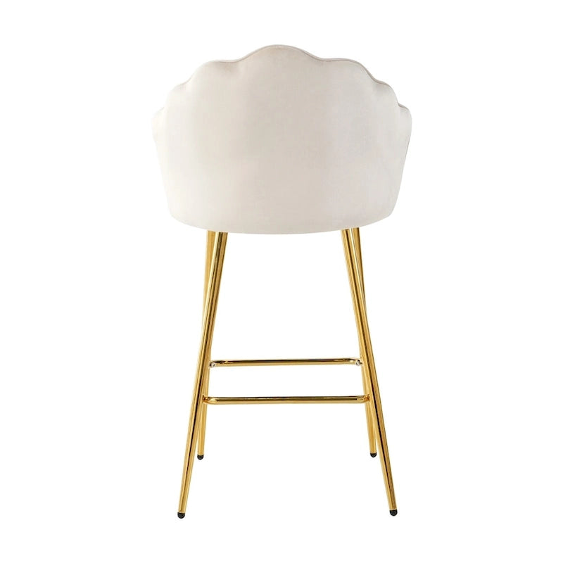 Velvet Shell Bar Stools Set of 2, Counter Height Chairs with Metal Legs, Upholstered Kitchen Island Chairs with Footres