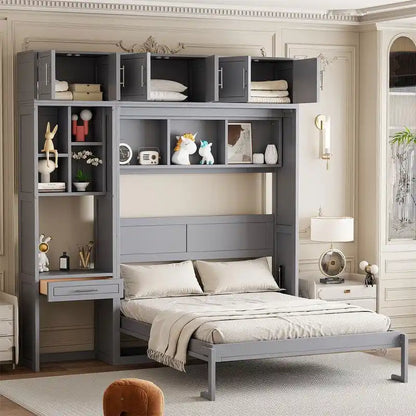 Full/Queen Size Murphy Bed Wall Bed with Desk & Top Cabinet, Folding Murphy Cabinet Bed w/ Storage Shelves, Space Saving Design