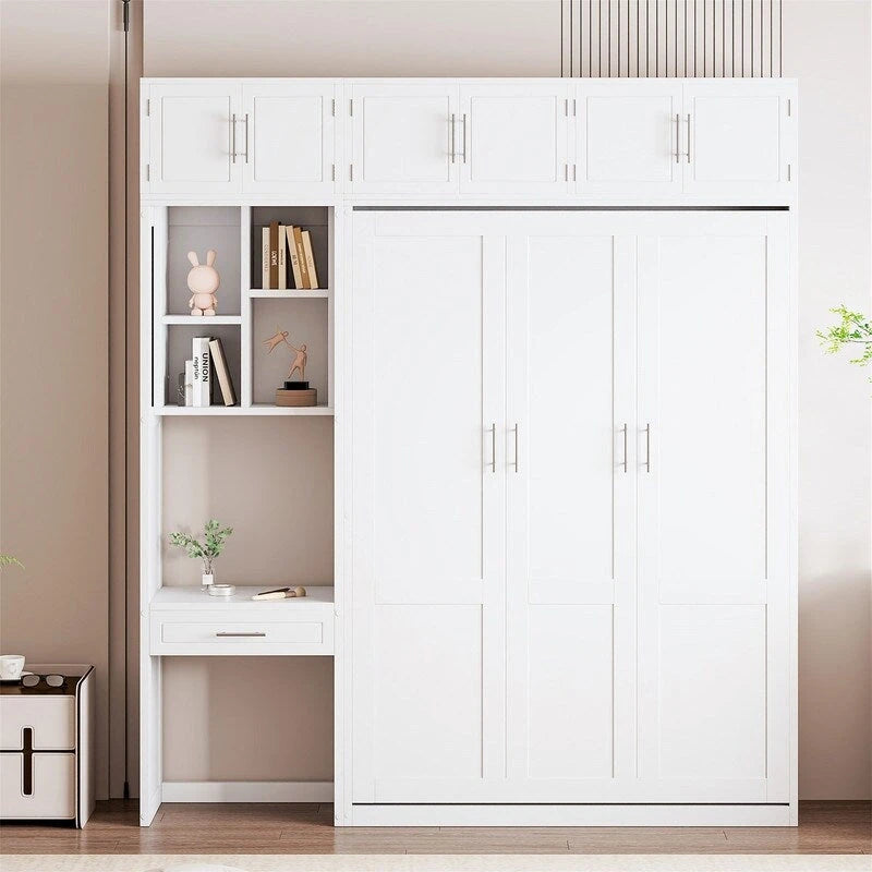 Full/Queen Size Murphy Bed Wall Bed with Desk & Top Cabinet, Folding Murphy Cabinet Bed w/ Storage Shelves, Space Saving Design