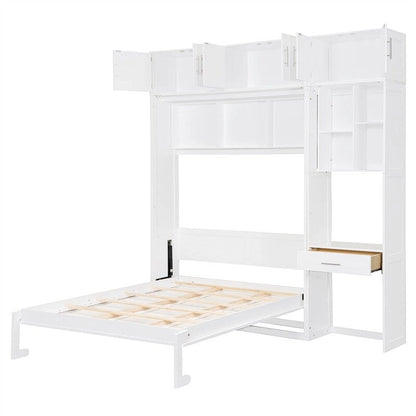 Full/Queen Size Murphy Bed Wall Bed with Desk & Top Cabinet, Folding Murphy Cabinet Bed w/ Storage Shelves, Space Saving Design