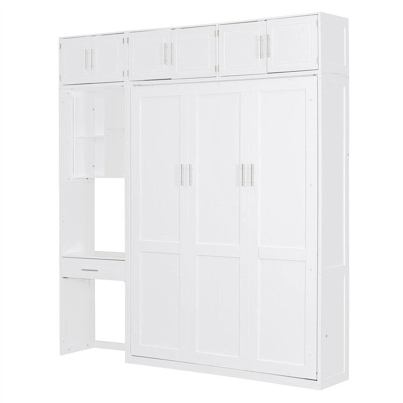 Full/Queen Size Murphy Bed Wall Bed with Desk & Top Cabinet, Folding Murphy Cabinet Bed w/ Storage Shelves, Space Saving Design