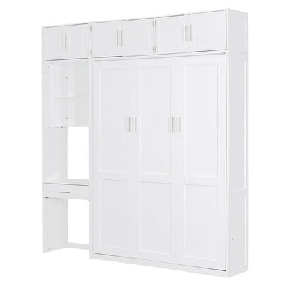 Full/Queen Size Murphy Bed Wall Bed with Desk & Top Cabinet, Folding Murphy Cabinet Bed w/ Storage Shelves, Space Saving Design