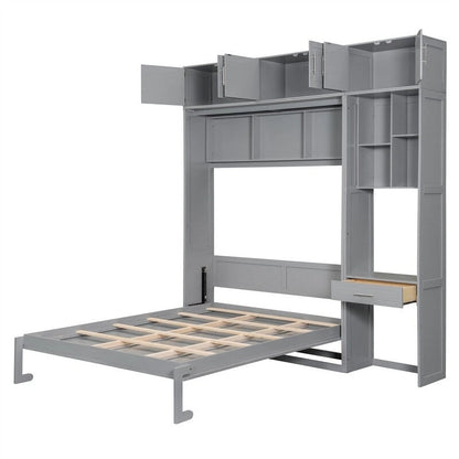 Full/Queen Size Murphy Bed Wall Bed with Desk & Top Cabinet, Folding Murphy Cabinet Bed w/ Storage Shelves, Space Saving Design