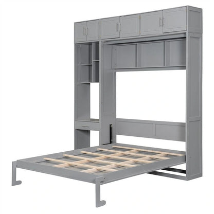 Full/Queen Size Murphy Bed Wall Bed with Desk & Top Cabinet, Folding Murphy Cabinet Bed w/ Storage Shelves, Space Saving Design