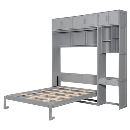 Full/Queen Size Murphy Bed Wall Bed with Desk & Top Cabinet, Folding Murphy Cabinet Bed w/ Storage Shelves, Space Saving Design