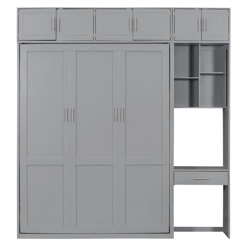 Full/Queen Size Murphy Bed Wall Bed with Desk & Top Cabinet, Folding Murphy Cabinet Bed w/ Storage Shelves, Space Saving Design