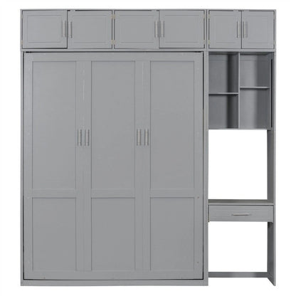 Full/Queen Size Murphy Bed Wall Bed with Desk & Top Cabinet, Folding Murphy Cabinet Bed w/ Storage Shelves, Space Saving Design