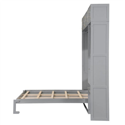 Full/Queen Size Murphy Bed Wall Bed with Desk & Top Cabinet, Folding Murphy Cabinet Bed w/ Storage Shelves, Space Saving Design