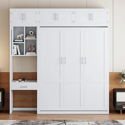 Full/Queen Size Murphy Bed Wall Bed with Desk & Top Cabinet, Folding Murphy Cabinet Bed w/ Storage Shelves, Space Saving Design