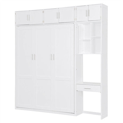 Full/Queen Size Murphy Bed Wall Bed with Desk & Top Cabinet, Folding Murphy Cabinet Bed w/ Storage Shelves, Space Saving Design