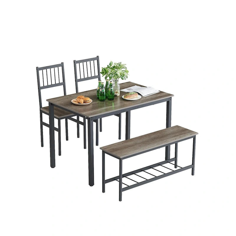 Dining Table Set for 4 Kitchen Dining Table with Benches and 2 Chairs Wood Tabletop and Metal Frame Breakfast Nook Dining Set