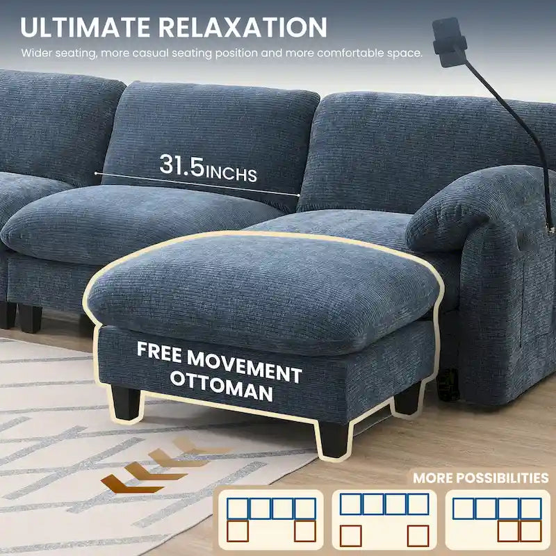 U-Shaped Sectional Sofa Indoor Chaise Lounge w/ USB & Type-C Charger