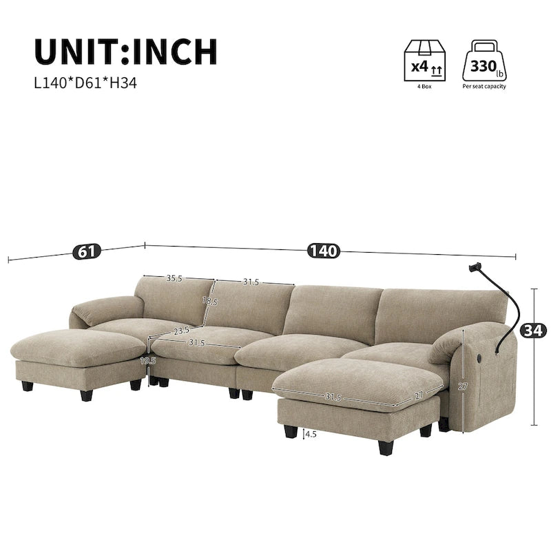 U-Shaped Sectional Sofa Indoor Chaise Lounge w/ USB & Type-C Charger