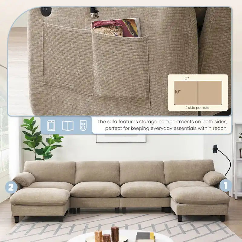 U-Shaped Sectional Sofa Indoor Chaise Lounge w/ USB & Type-C Charger