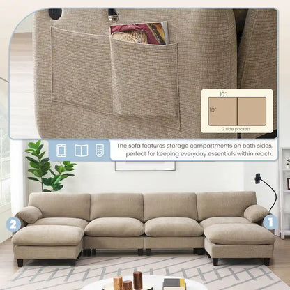 U-Shaped Sectional Sofa Indoor Chaise Lounge w/ USB & Type-C Charger