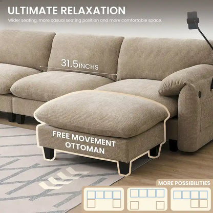 U-Shaped Sectional Sofa Indoor Chaise Lounge w/ USB & Type-C Charger