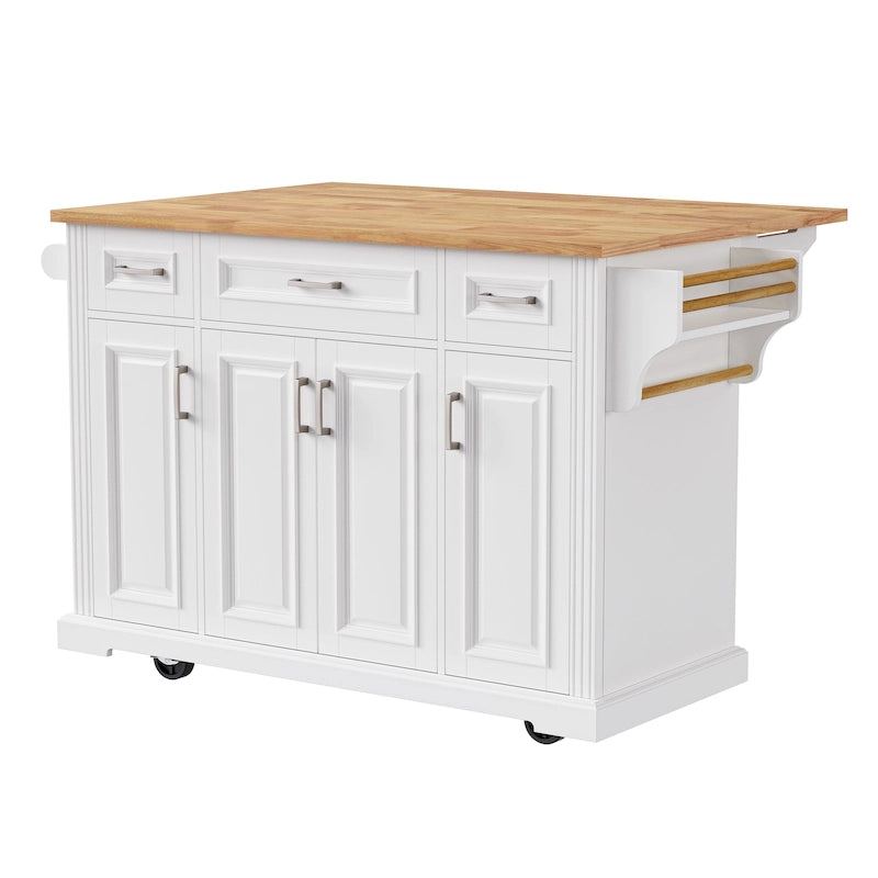 54inch Kitchen Island with Rubber Wood Drop Leaf, Embossed Texture Rolling Kitchen Cart on 4 Wheels with 4 Doors and 3 Drawers