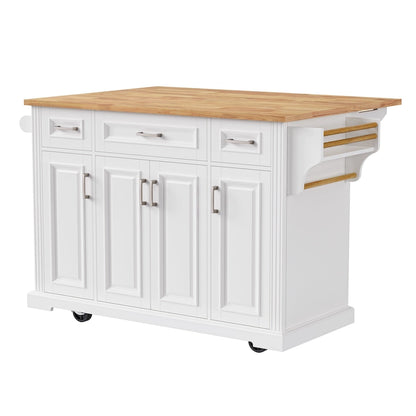 54inch Kitchen Island with Rubber Wood Drop Leaf, Embossed Texture Rolling Kitchen Cart on 4 Wheels with 4 Doors and 3 Drawers