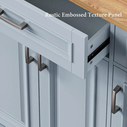 54inch Kitchen Island with Rubber Wood Drop Leaf, Embossed Texture Rolling Kitchen Cart on 4 Wheels with 4 Doors and 3 Drawers