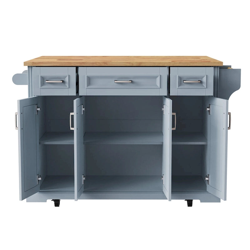 54inch Kitchen Island with Rubber Wood Drop Leaf, Embossed Texture Rolling Kitchen Cart on 4 Wheels with 4 Doors and 3 Drawers