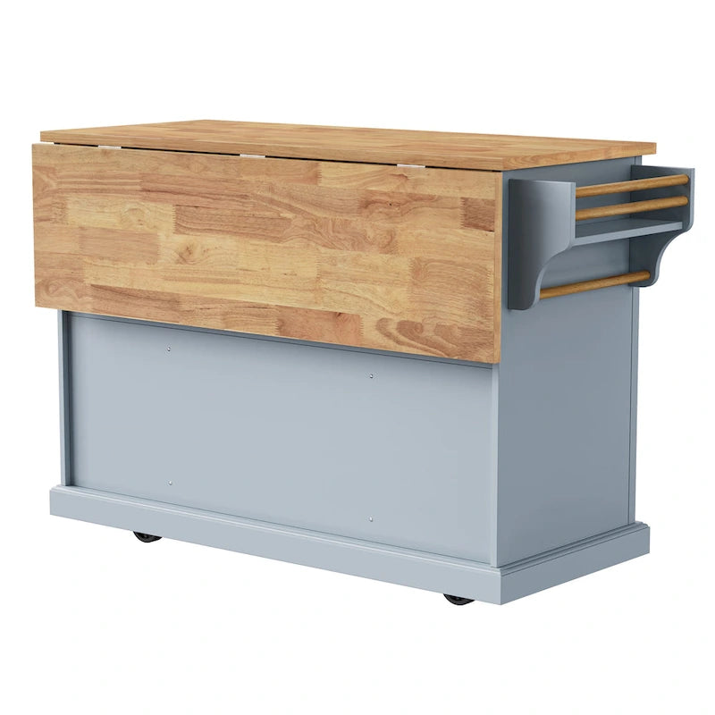 54inch Kitchen Island with Rubber Wood Drop Leaf, Embossed Texture Rolling Kitchen Cart on 4 Wheels with 4 Doors and 3 Drawers