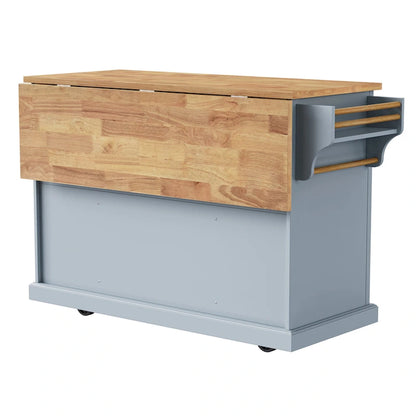 54inch Kitchen Island with Rubber Wood Drop Leaf, Embossed Texture Rolling Kitchen Cart on 4 Wheels with 4 Doors and 3 Drawers