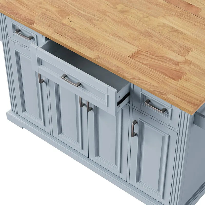 54inch Kitchen Island with Rubber Wood Drop Leaf, Embossed Texture Rolling Kitchen Cart on 4 Wheels with 4 Doors and 3 Drawers