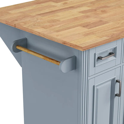 54inch Kitchen Island with Rubber Wood Drop Leaf, Embossed Texture Rolling Kitchen Cart on 4 Wheels with 4 Doors and 3 Drawers