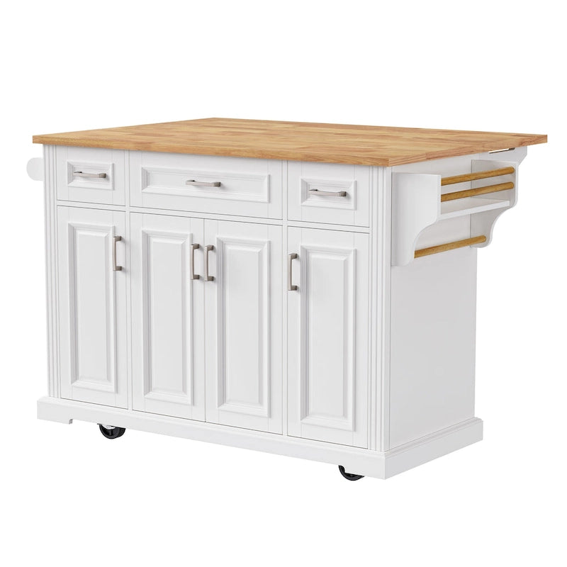 54inch Kitchen Island with Rubber Wood Drop Leaf, Embossed Texture Rolling Kitchen Cart on 4 Wheels with 4 Doors and 3 Drawers