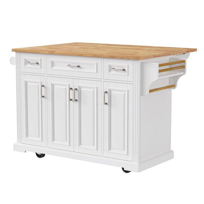 54inch Kitchen Island with Rubber Wood Drop Leaf, Embossed Texture Rolling Kitchen Cart on 4 Wheels with 4 Doors and 3 Drawers