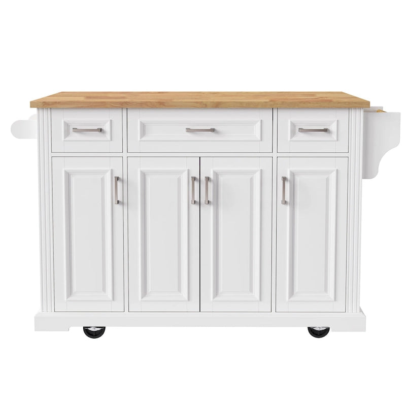 54inch Kitchen Island with Rubber Wood Drop Leaf, Embossed Texture Rolling Kitchen Cart on 4 Wheels with 4 Doors and 3 Drawers