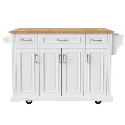 54inch Kitchen Island with Rubber Wood Drop Leaf, Embossed Texture Rolling Kitchen Cart on 4 Wheels with 4 Doors and 3 Drawers