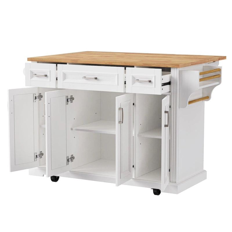 54inch Kitchen Island with Rubber Wood Drop Leaf, Embossed Texture Rolling Kitchen Cart on 4 Wheels with 4 Doors and 3 Drawers