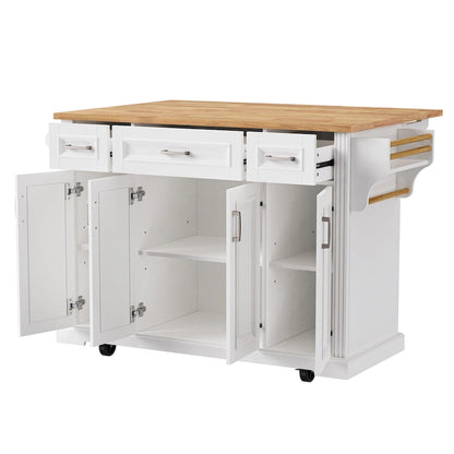 54inch Kitchen Island with Rubber Wood Drop Leaf, Embossed Texture Rolling Kitchen Cart on 4 Wheels with 4 Doors and 3 Drawers