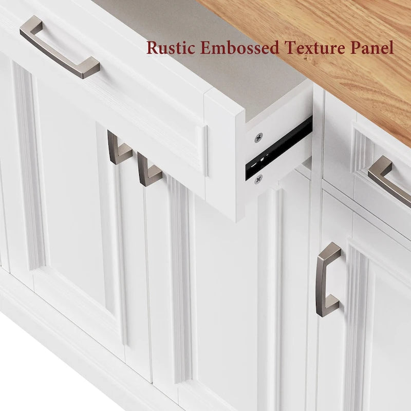 54inch Kitchen Island with Rubber Wood Drop Leaf, Embossed Texture Rolling Kitchen Cart on 4 Wheels with 4 Doors and 3 Drawers